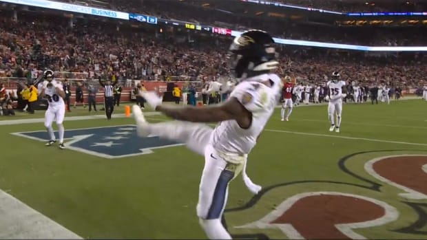 Baltimore Ravens wide receiver Zay Flowers celebrates a Christmas Day touchdown vs. the San Francisco 49ers